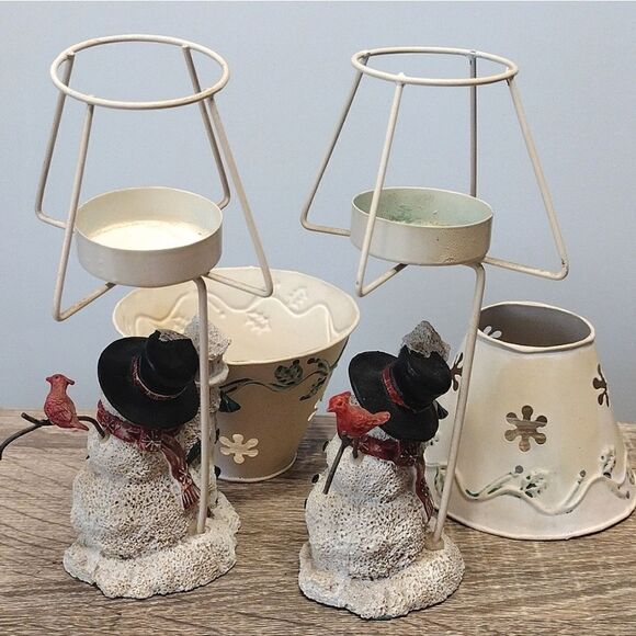 VTG Set of 2 Christmas Ceramic Snowman Metal Shade Tealight Holders - Picture 9 of 16